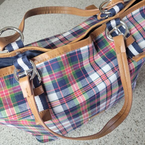 Tommy Hilfiger Madras Plaid Faux Leather Preppy Americana Tote Shoulder Bag 2011 - Picture 8 of 12